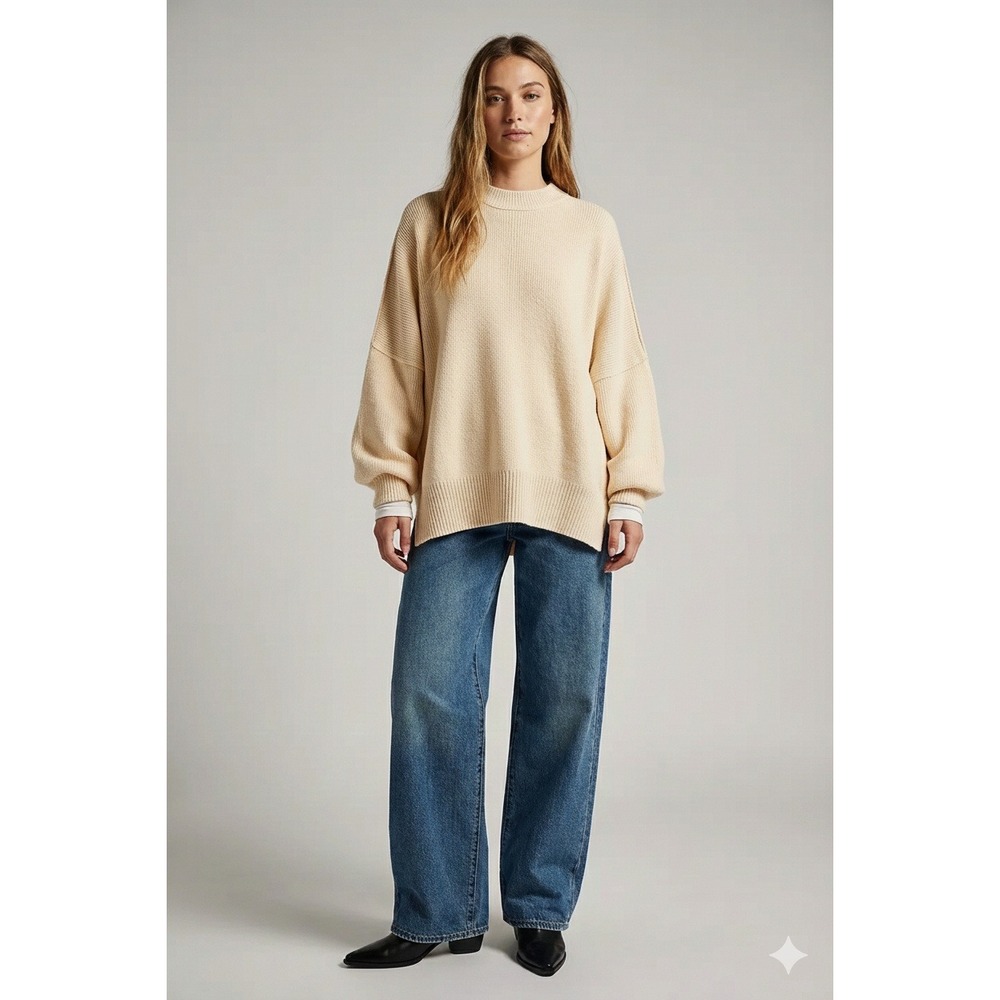 Free People Cozy Oversized Knit Sweater Cream Dropped Shoulder Puff Sleeve Large